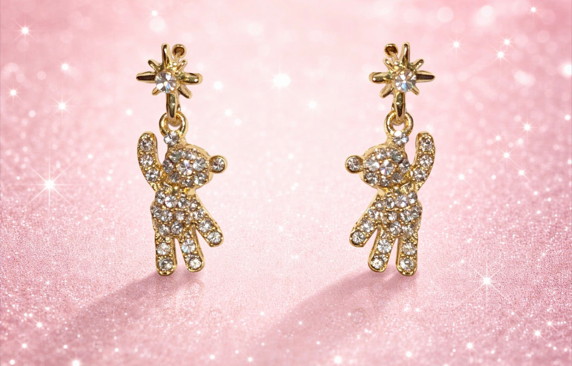 Gold Tone Rhinestone Teddy Bear Drop Earrings – Sparkling Crystal Bear Dangle Earrings, Cute Statement Jewelry Gift for Her