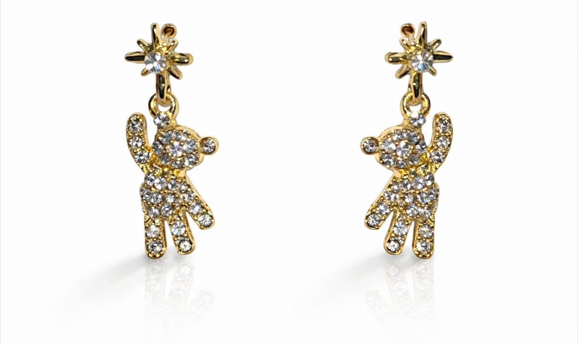 Gold Tone Rhinestone Teddy Bear Drop Earrings – Sparkling Crystal Bear Dangle Earrings, Cute Statement Jewelry Gift for Her