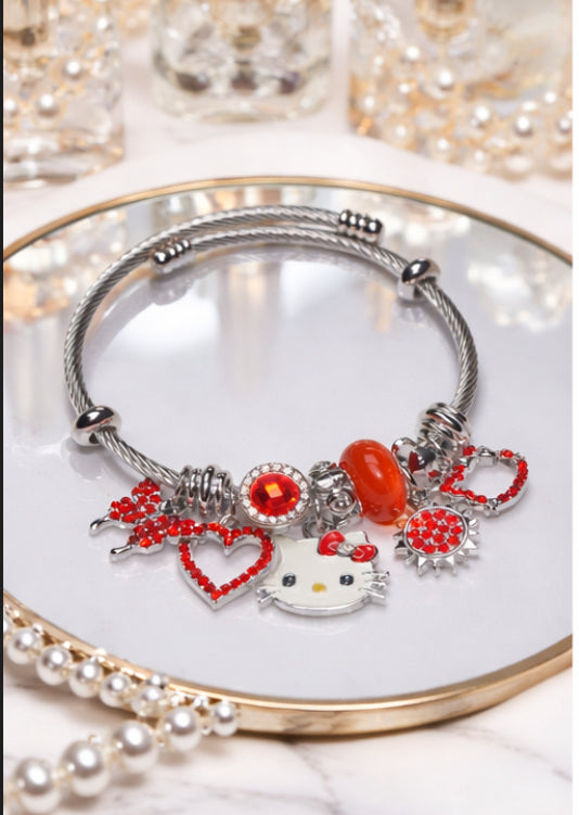 Hello Kitty Inspired Charm Bracelet – Red Crystal Edition