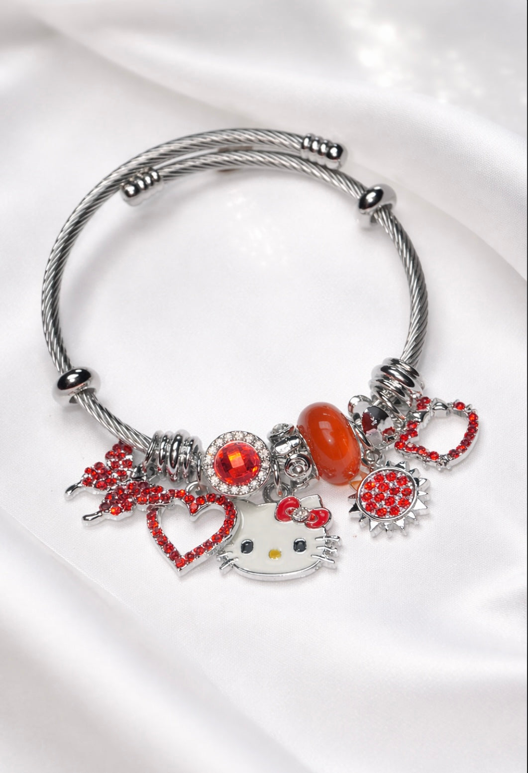 Hello Kitty Inspired Charm Bracelet – Red Crystal Edition