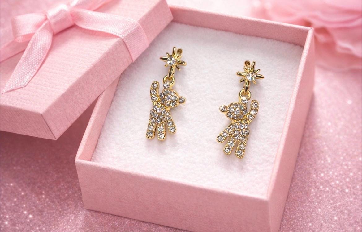 Gold Tone Rhinestone Teddy Bear Drop Earrings – Sparkling Crystal Bear Dangle Earrings, Cute Statement Jewelry Gift for Her