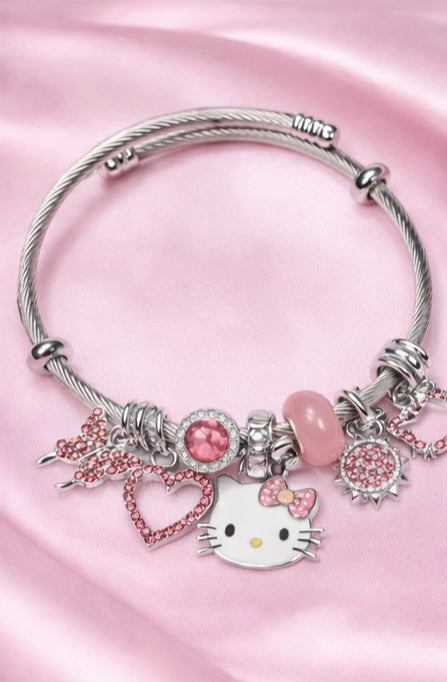 Hello Kitty Inspired Charm Bracelet – Pink Crystal Edition