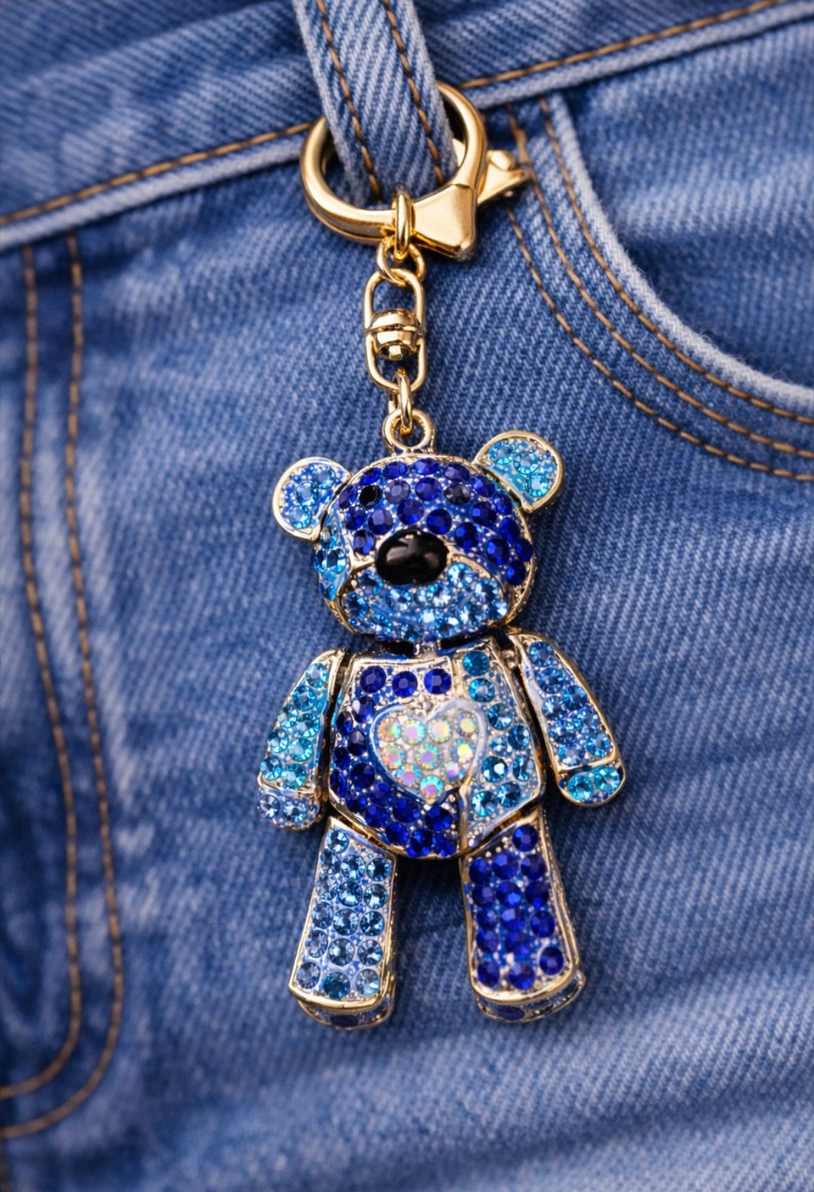 Blue Rhinestone Teddy Bear Keychain – Sparkling Crystal Bear Bag Charm, Cute Purse Accessory Gift