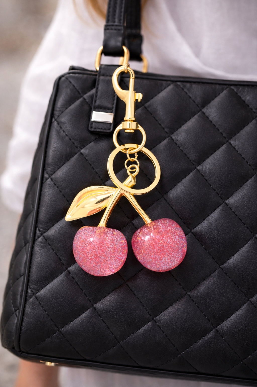 Glitter Pink Cherry Keychain | Cute Cherry Bag Charm | Aesthetic Purse Keychain