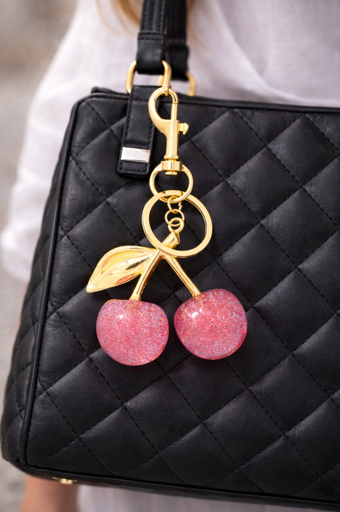 Glitter Pink Cherry Keychain | Cute Cherry Bag Charm | Aesthetic Purse Keychain