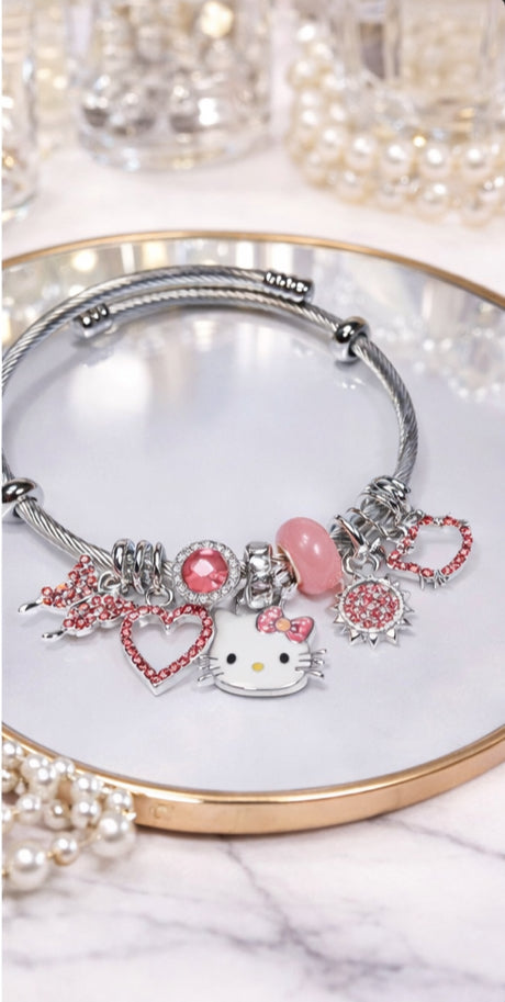 Hello Kitty Inspired Charm Bracelet – Pink Crystal Edition