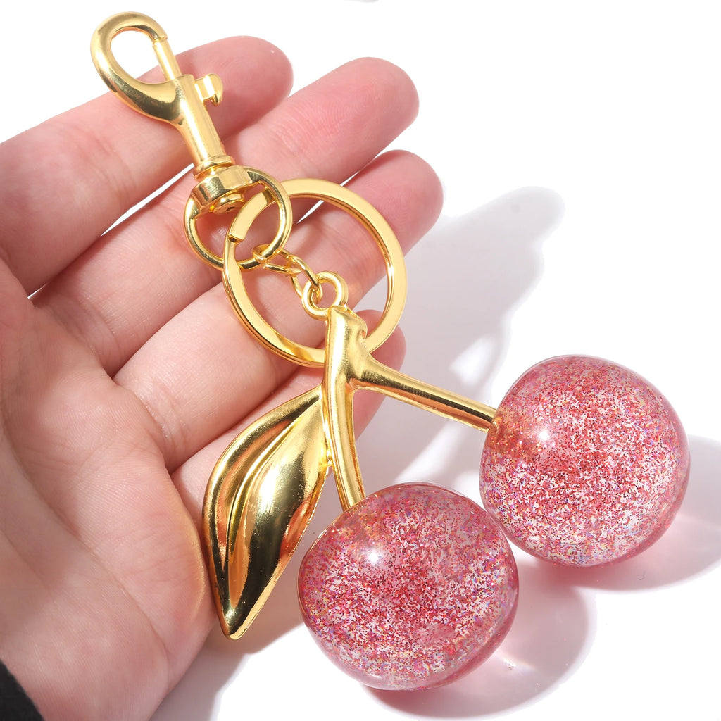 Glitter Pink Cherry Keychain | Cute Cherry Bag Charm | Aesthetic Purse Keychain